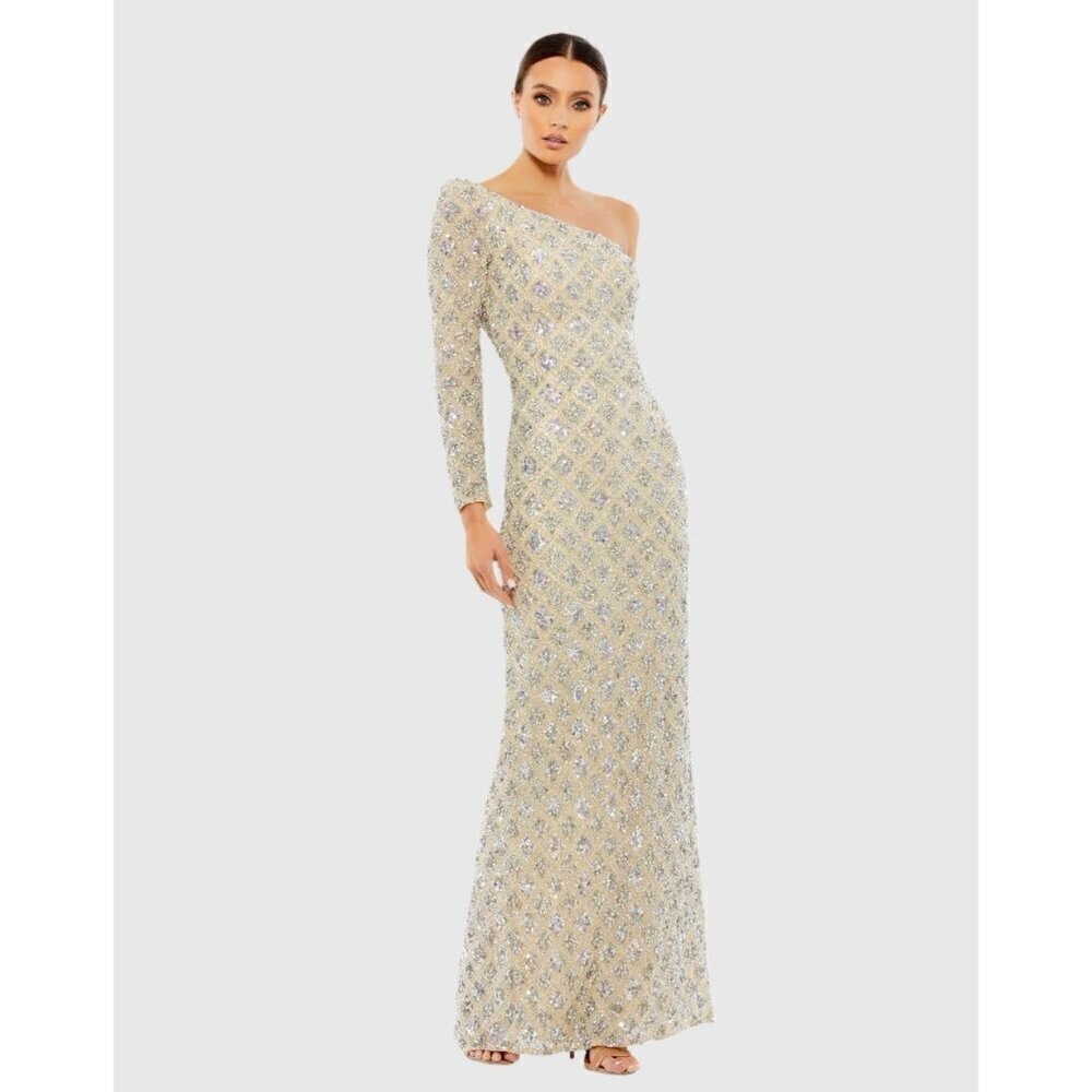 Mac Duggal One-Shoulder Beaded Maxi Gown in Gold and Silver
